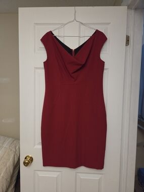 Zenobia Red Cowl Neck Midi Sheath Dress